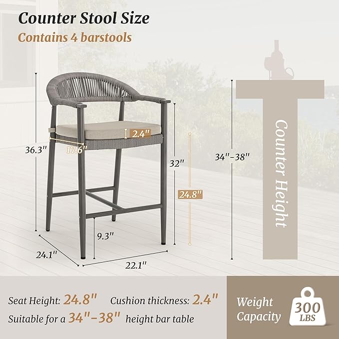 Bar Stools Set of 4, 24.8'' Aluminum Outdoor Bar Stool with Removable Cushion, Boho Rattan BarStools, Olefin Rope Woven Bar Chairs with Footrest for Patio, Garden, Pool, Kitchen, Gray