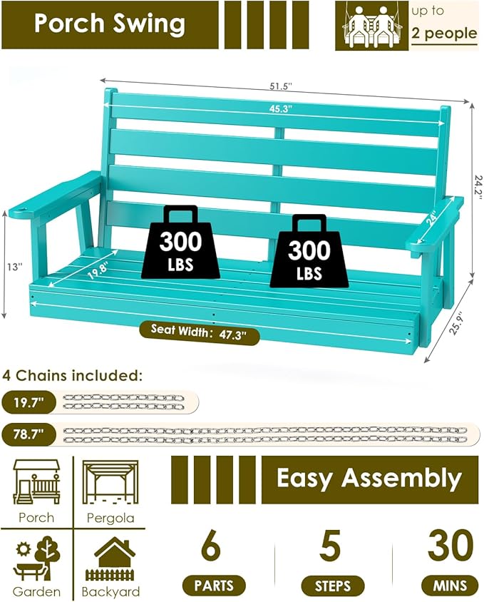 GREENVINES Porch Swing | 51’’ | HDPE Plastic | for Outdoor Patio | All Weather | Waterproof Bench Swings | w/ 4 Stainless Steel Chains | Aqua