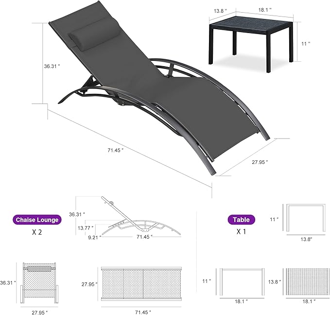 PURPLE LEAF Patio Oversized Chaise Lounge Chair Set with Side Table Pool Adjustable Recliner Chairs for Outside Outdoor Sunbathing Tanning Poolside Lounger
