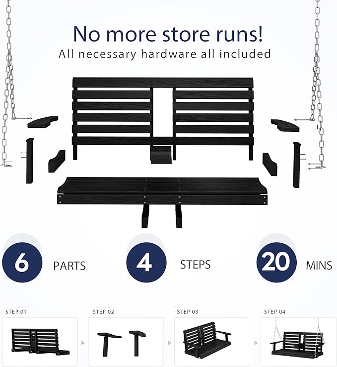 KINGYES Outdoor Hanging Patio Swing Chair, 2 Seat Swing with Cup Holders, Waterproof Bench for Courtyard & Garden, 660LBS Weight Capacity, Black
