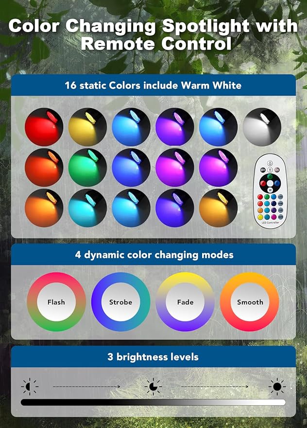 PYDS Christmas Spotlights Outdoor, 12W RGBW Halloween Spot Lights with Remote, 120V Plug-in Color Changing LED Landscape Lighting with IP65 Waterproof for Yard Garden Tree Decor, 6 Pack