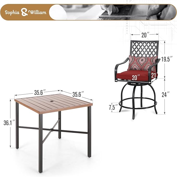 Sophia & William Outdoor Patio Bar Set 5 Piece High Dining Table and Chairs Furniture Set-4 Swivel Bar Stools with Red Cushion and 1 Square Bar Height Table with Hand-Painted Metal Top