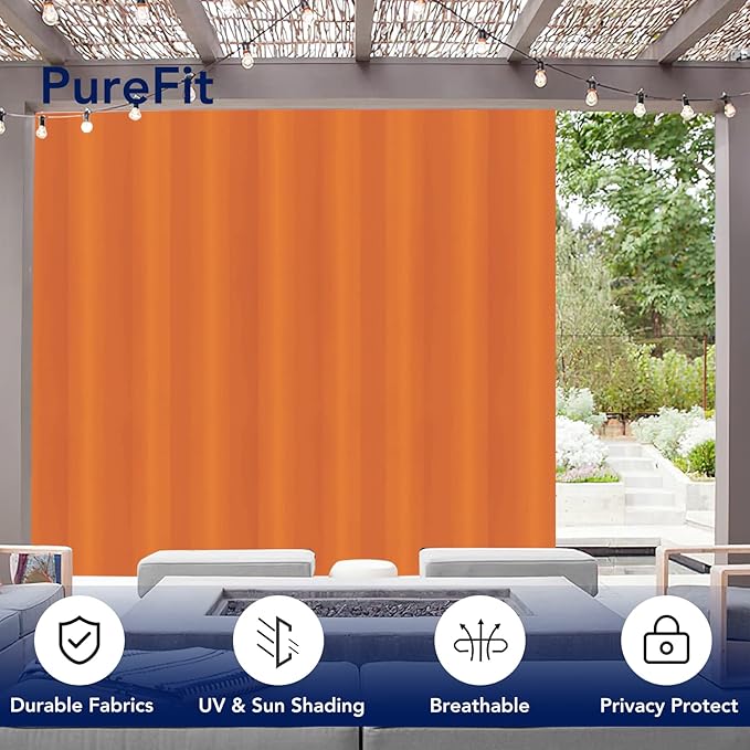 PureFit Outdoor Curtains for Patio Waterproof Weatherproof, UV Resistant Outside Curtains for Gazebo, Front Porch, Pergola, Sun Blocking Privacy Curtain, 120W x 108L inch, 1 Panel, Orange