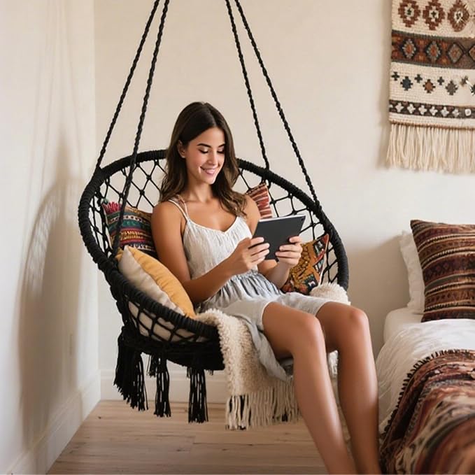 Goutime Hammock Chair, Macrame Hanging Indoor Swing Chairs with Hardware Kit,Adult Boho Swinging Swings for Outside,Patio,Balcony,Bedroom (Black (Pillows are not Included))