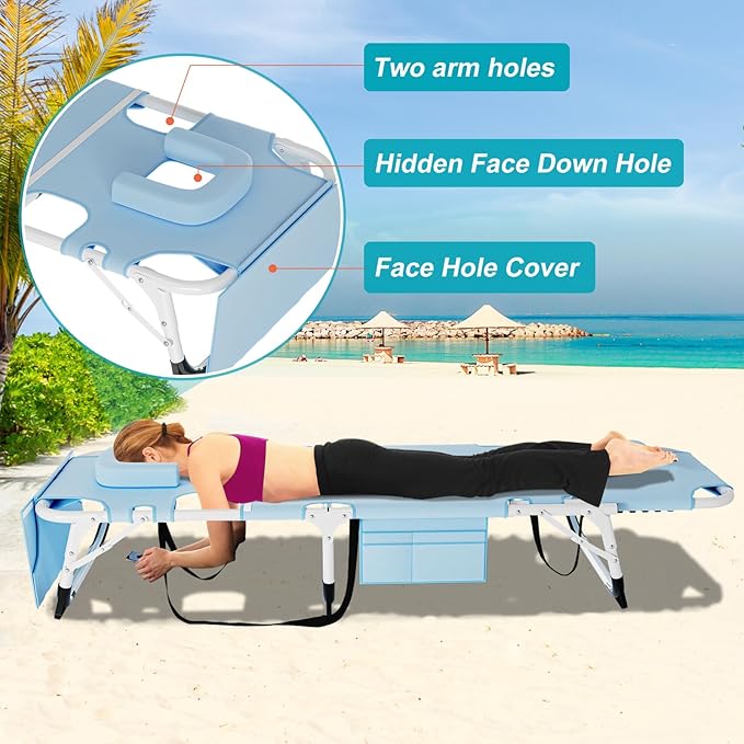 ABORON 3 in 1 Sun Tanning Chair Oversized with Mat&Face Arm Hole,Heavy Duty Folding Chaise Lounge Chairs,5-Position Outdoor Lounge Chair/Pillow, for Beach, Pool, Lawn, Yard, Patio