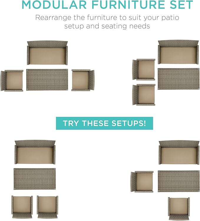 Best Choice Products 4-Piece Outdoor Wicker Patio Conversation Furniture Set for Backyard w/Coffee Table, Seat Cushions - Taupe/Desert