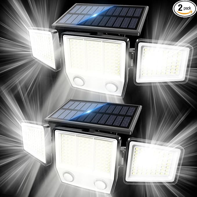 Solar Lights Outdoor Waterproof Motion Sensor - 416 LEDs 3000 Lumens Super Bright 3 Brightness 3 Modes 2400mAh 360° Illumination 32ft Solar Flood Security Light for Outside (Classic, 2)