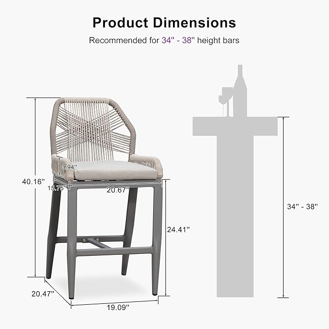 PURPLE LEAF Patio Bar Stool Counter Height Set of 2 Outdoor Rattan Chairs with Back Modern Aluminum Woven Barstools for Garden Indoor Kitchen Light Gray