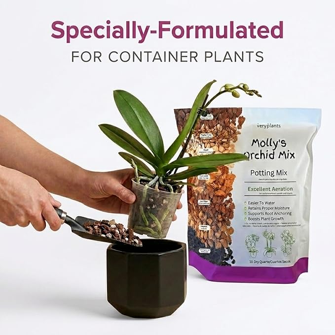 Molly's Orchid Potting Mix - Premium Gritty Soilless Orchid Mix - Chunky High Drainage vs Standard Potting Soil for Indoor Plants - Contains Bark, Coco Chips, Akadama, Pumice, Lava Rock 10 Dry Quarts