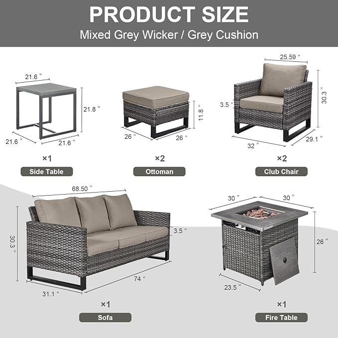 Belord 7 Pieces Patio Furniture Set with 50000BTU Propane Fire Pit Table: Wicker Patio Conversation Set with Outdoor Club Chairs Patio Couch Metal Side Table, All Weather Brown Rattan