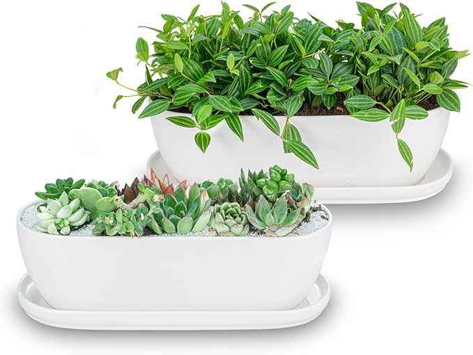 E-liu Ceramic Plant Pots, 11+14 inch, Set of 2, Planters with Drainage Holes Saucers and Mesh Pads, Indoor Flower Succulent Pot with Hole Mesh Pad, Gifts for Mom, Plants Not Included