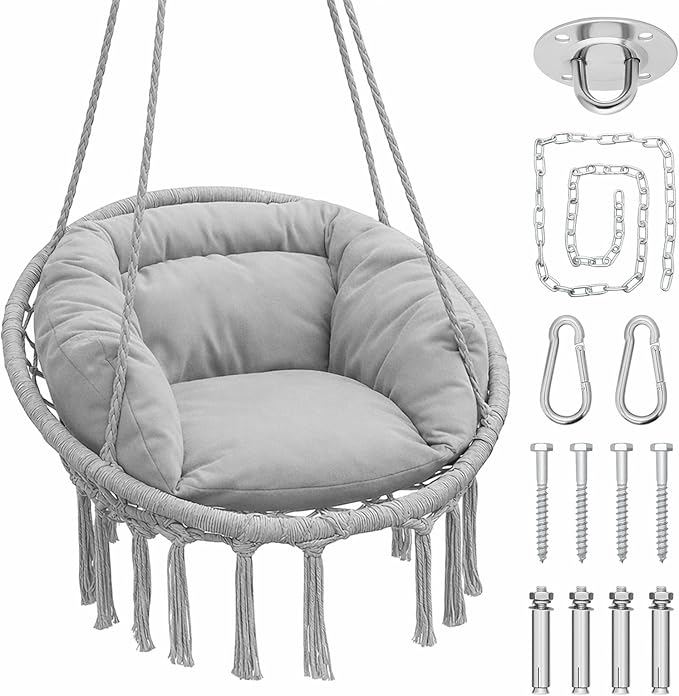 Athena Collection Hammock Chair Hanging Swing Chair with Large Thick Cushions, Outdoor Hanging Chair with Macrame Cotton Rope for Indoor, Outdoor, Bedroom, Balcony, Holds 350 Lbs, Grey