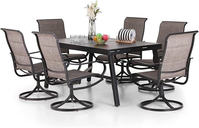PHI VILLA 7 PCS Patio Dining Set, 6 Padded Swivel Dining Chair with Quick-Dry Cotton and 1 Extandable Metal Table,E-Coating for Rustproof for Outside, Poolside