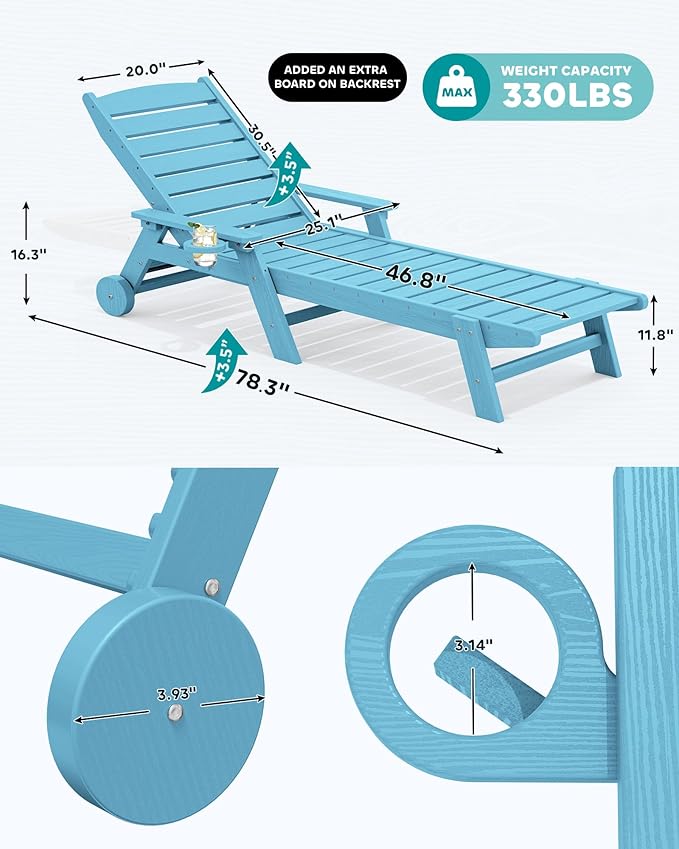 SERWALL Patio Chaise Lounge Chair, 78'' Long HDPE 5 Positions Adjustable Outdoor Lounger, Poly Lounge Chair with Rolling Wheels & Cup Holder for Pool, Light Blue