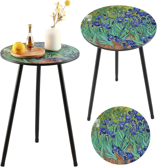 2 Packs Metal Outdoor Side Table Irises Patio Side Tables for Outside Small End Tables Round Patio Coffee Table Plant Stand for Balcony, Indoor, Bedroom, Living Room, Small Space