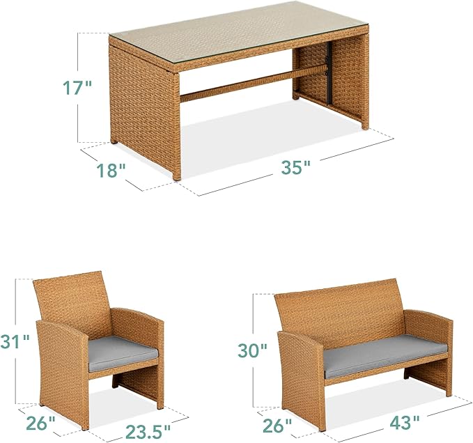 Best Choice Products 4-Piece Outdoor Wicker Patio Conversation Furniture Set for Backyard w/Coffee Table, Seat Cushions - Natural/Cement Gray