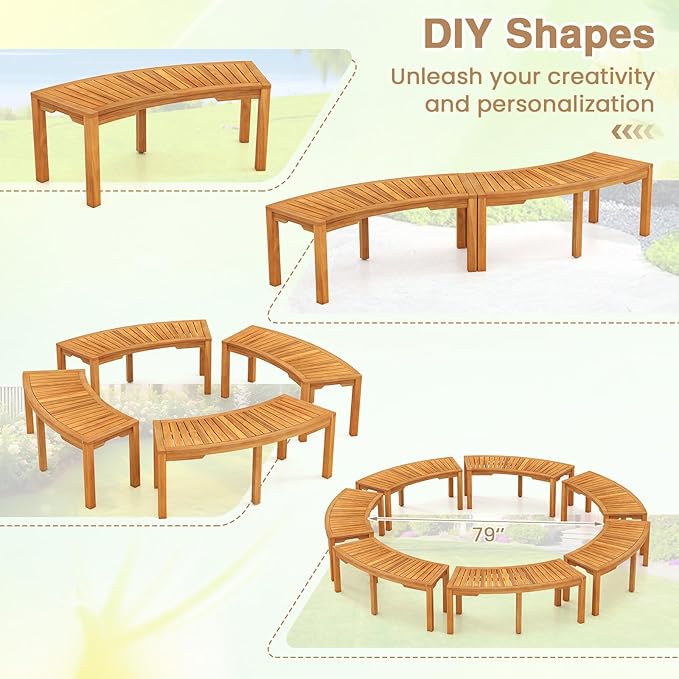 Tangkula Outdoor Curved Bench, Acacia Wood Fire Pit Bench w/Slatted Seat, Patio Backless 2-Person Seating for Porch, Yard, Garden, 800 LBS Max Load, Oil Painted (4, 45")
