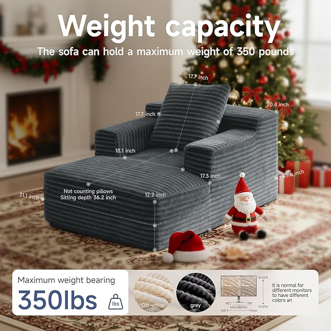 45'' Chaise Lounge Chair Indoor, Corduroy Upholstered Boneless Sofa Bed, Deep Seat Sleeper Couch Reading Chairs, Small Comfy Cloud Sofas Couches for Living Room, Bedroom, Movie Room (Dark Grey)