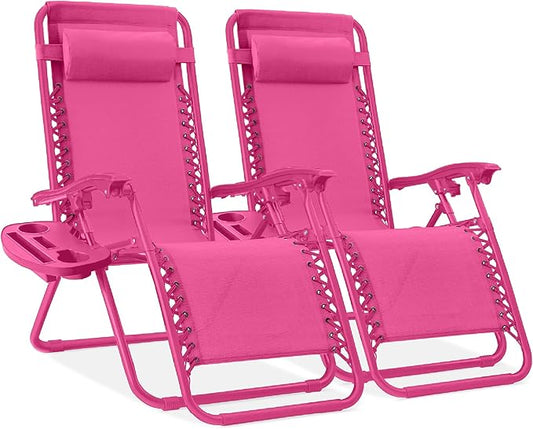 Best Choice Products Set of 2 Adjustable Steel Mesh Zero Gravity Lounge Chair Recliners w/Pillows and Cup Holder Trays - Hot Pink