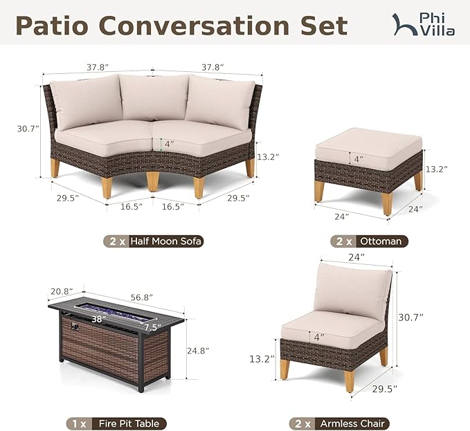 PHI VILLA 7-Piece Half Moon Patio Furniture Set with 56" Fire Pit Table, Outdoor Wicker Sectional Sofa with Cushions, Large Curved Conversation Seating for Garden or Backyard, Beige