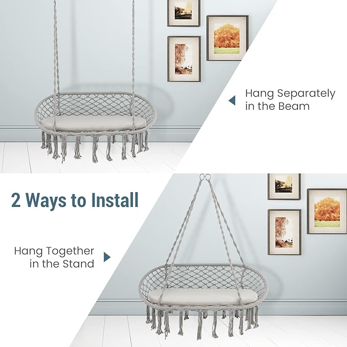 Giantex 2-Seat Hammock Chair, Macrame Swing with Cushion, Hanging Cotton Ropes, Metal Frame, Hanging Chair with 440 Lbs Capacity for Hammock Stand, Living Room, Patio, Balcony, Backyard (Gray)