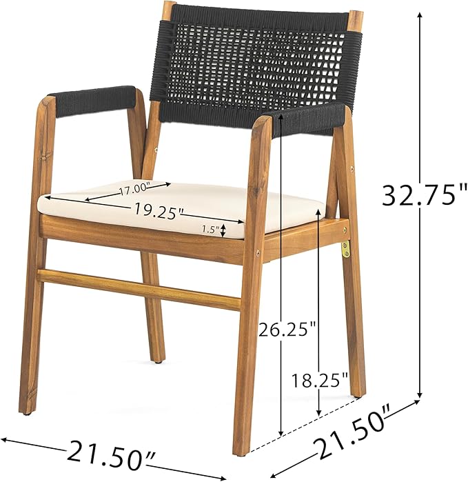 Christopher Knight Home Pasco Acacia Wood Outdoor Dining Table Set for 6, Wicker Patio Dining Set with Acacia Wood Table and Bench, Patio Table and Chair Set with Cushion+Rope Backrest,Black+Teak+Grey