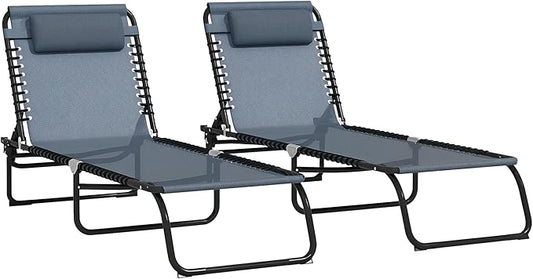 Outsunny Folding Chaise Lounge Chair Set of 2, Patio Sun Tanning Chair, Outdoor Chaise Lounger with 4-Position Reclining Back, Breathable Mesh Seat for Beach, Poolside, Gray