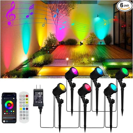 Smart Landscape Spotlights, Low Voltage IP67 Waterproof Outdoor Spot Lights Compatible with APP/Remote Control Color Changing Lights for Yard Garden Pathway Lawn Tree Festival 6 Pack