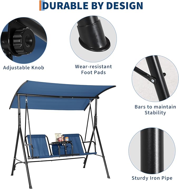 Porch Swing with Cup Holders & Pivot Storage Table & Cooler Bag with Adjustable Canopy for 2 Person Patio Swing for Backyard Balcony Poolside Red Blue