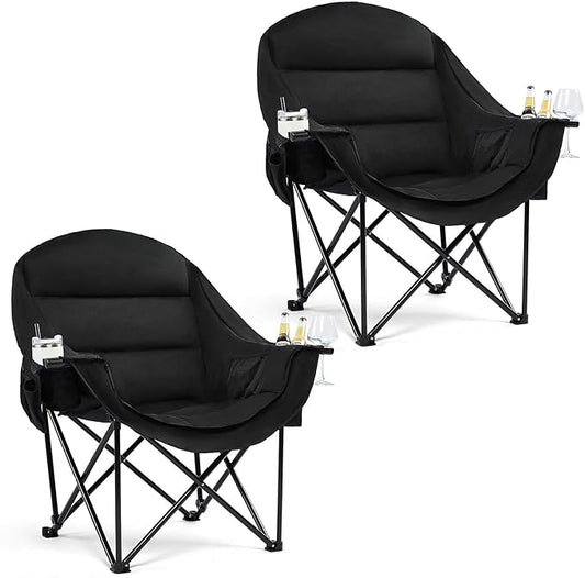Oversized Camping Chair for Adults - Heavy Duty Outdoor Padded Large Lawn Camp Chair with Cup Holder Cooler Pockets for Sports Beach Fishing Garden Portable Supports 500lbs, AllBlack 2 Pack