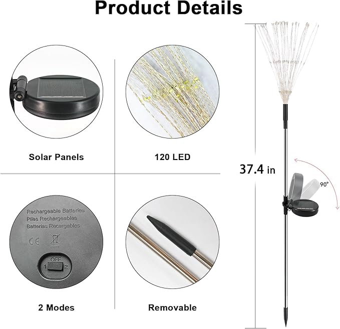 Solar Garden Lights Outdoor, 2 Pack 120 LED Twinkling Firework Lights Decorative with 2 Modes, Outdoor Waterproof Solar Starburst Light for Outside Yard Pathway Garden Decor, White