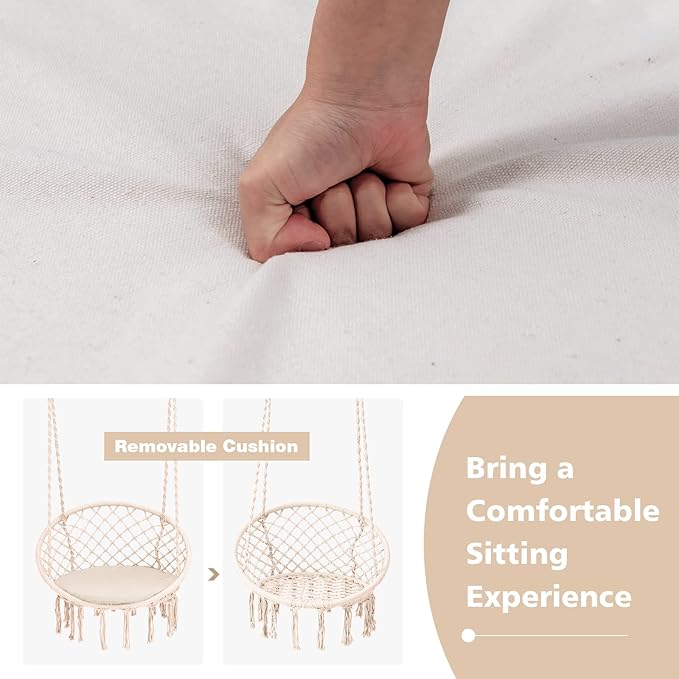 Giantex Hammock Chair Macrame Swing - Hanging Chair with Cushion and Hardware Kit, 330 LBS Weight Capacity, Indoor Swing for Hammock Stand, Patio, Balcony, Living Room Hammock Swing (Beige)