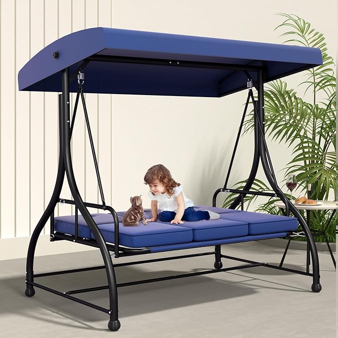 3-Seat Patio Swing Chair Outdoor Heavy Duty Steel Frame with Adjustable Canopy Removable Cushions - All Weather Porch Swings Glider for Backyard, Garden, Poolside - Navy Blue