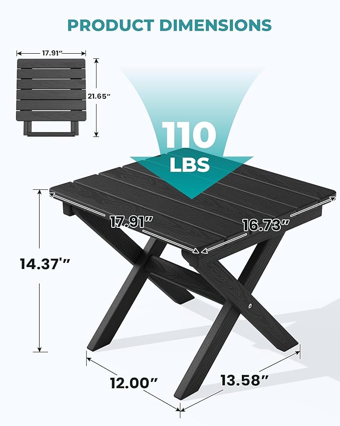 SERWALL Portable Folding Adirondack Table, HDPE Material Outdoor End Table, No Assembly Required, Weather-Resistant, 110 lbs Capacity, Small Table for Indoor and Outdoor uses, Black