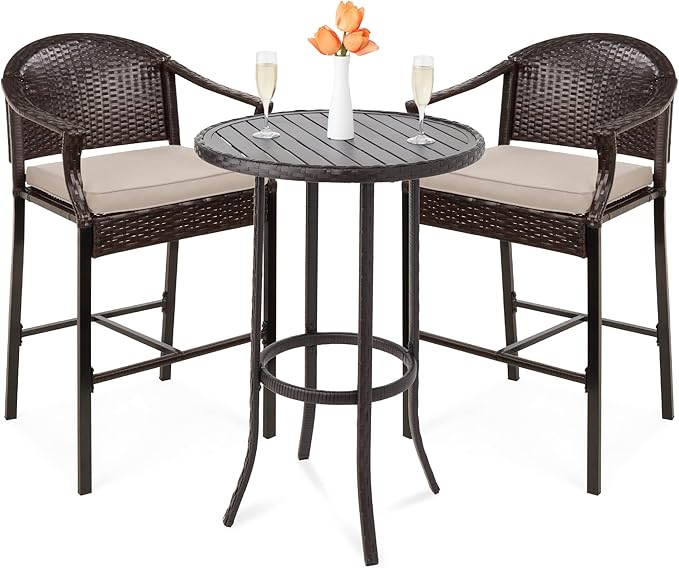 Best Choice Products 3-Piece Patio Bar Table Set, Outdoor Wicker Bar Height Bistro Furniture for Backyard, Poolside, Balcony w/Barstools, Cushions, Steel Frame – Brown/Beige