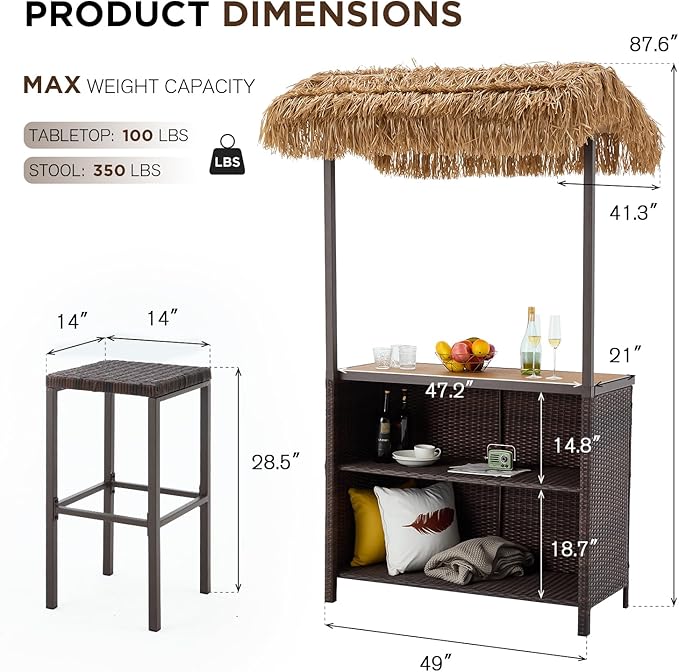 HOMREST Outdoor Tiki Bar Set, 3 Pieces Wicker Patio Bar Set w/2 Height Stools, Storage Shelf, Canopy, Plastic Wood Tabletop for Backyard Poolside Garden, Brown