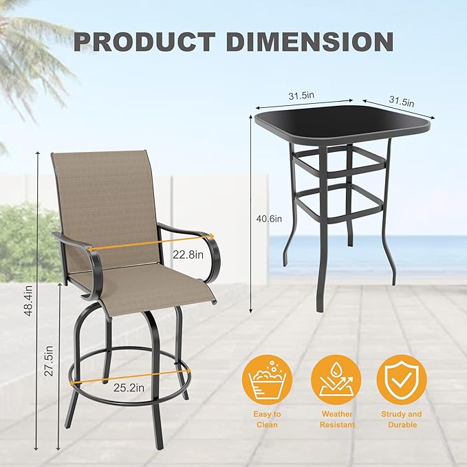 3 PCS Patio Swivel Bar Stools Set, 3 Piece Swivel Outdoor Table and Chairs Bar Set, All Weather Textile Fabric Outdoor High Stool Bistro Set with High Glass Bar Table for Lawn, Garden, Balcony