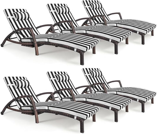 Chaise Lounge Chairs Outdoor Set of 6, Comfy Outside Wicker Patio Pool Lounge Chair w/ 5 Adjustable Back Angle, Cup Holder, Thicken Cushion