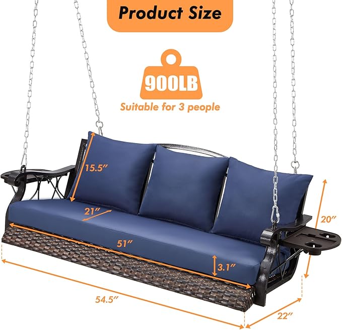 3-Person Wicker Porch Swing Chair Heavy Duty 900 LBS Outdoor Rattan Patio Swing Chair w/Cup-Holder & Steel Chains Hanging Bench Porch Swing Cushions for Deck & Backyard & Garden