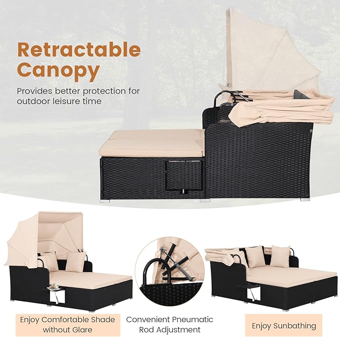 RELAX4LIFE Patio Outdoor Daybed with Canopy, Wicker Sunbed w/Cushions, 4 Pillows & 2 Retractable Side Trays, 2-Person Lounge Bed Conversation for Poolside Porch Garden, Rattan Outdoor Bed (Beige)