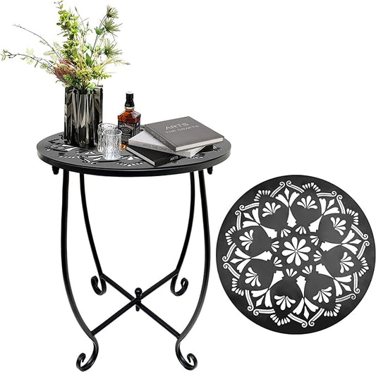 Patio Side Table, Weather Resistant Metal Side Table, Small Round Outdoor End Table Accent Side Table for Patio Yard Porch Balcony Garden Bedside Plant Stand Indoor Outdoor (H 17Inch) (1)
