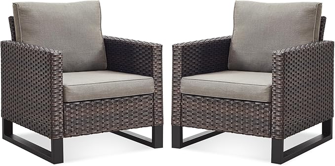 Belord Oversize Patio Chairs Set of 2 Outdoor Wicker Dining Chairs, All-Weather Rattan Patio Club Chair Furniture Sets with Water-Resistant Cushion Anti-Rust Frame Brown