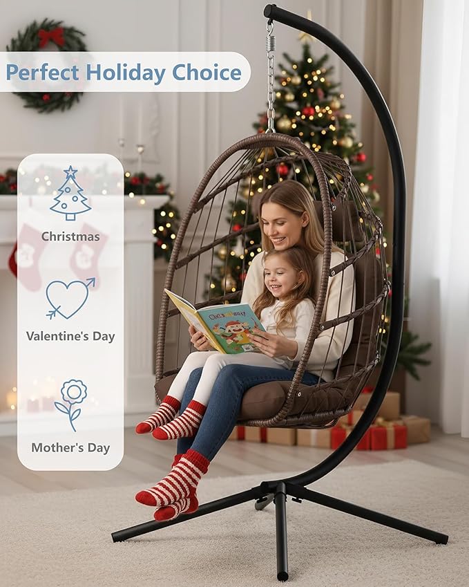 SWITTE Egg Chair Outdoor with Stand, Indoor Wicker Hanging Egg Swing Chair with Cushion, 350lbs Capacity for Patio, Bedroom, Garden - Brown