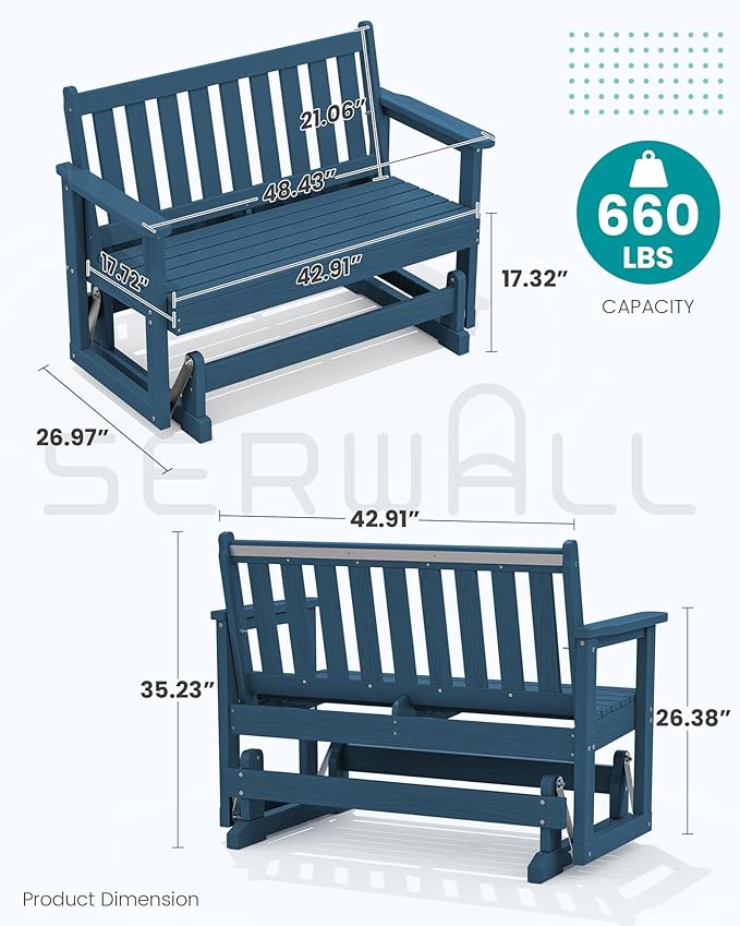 SERWALL Outdoor Glider Bench Set of 2, HDPE Weather-Resistant Swinging Bench for Backyard Garden Porch, Deep Navy
