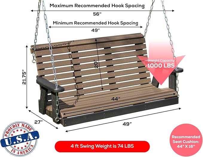 Poly Lumber Wood 4FT Porch Swing Amish Craftsmandship Made in USA HDPE with No wood fibers and 1000 lbs Limit. Stainless Steel Hardware.Signature Rollback design for Patio Outdoor Backyard Garden Park