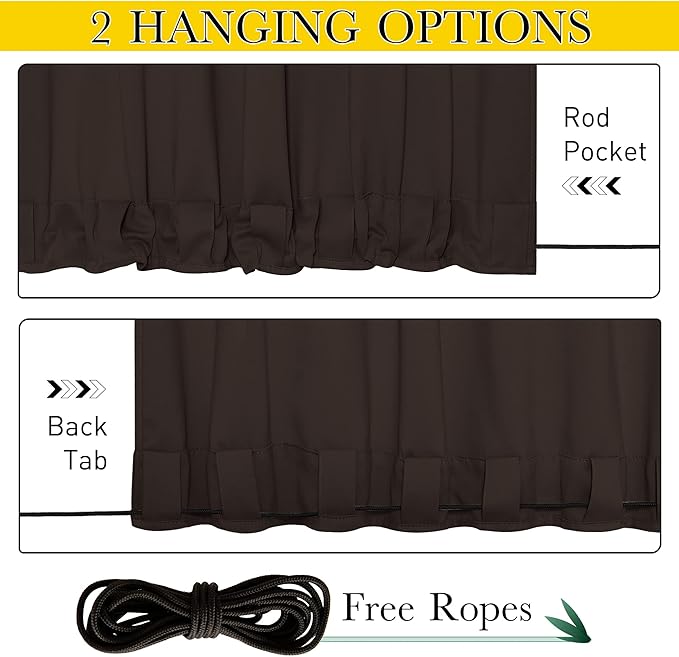NICETOWN 2 Panels Outdoor Curtains for Patio Extra Wide 84", Waterproof & Windproof Grommet & Back Tab Fixed Top and Bottom Thermal Insulated Drapes with Rope for Gazebo, Toffee Brown, W84 x L95