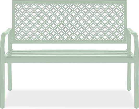 Best Choice Products Outdoor Bench 2-Person Metal Steel Benches Furniture for Garden, Patio, Porch, Entryway w/Geometric Backrest, 790lb Capacity - Mint Green
