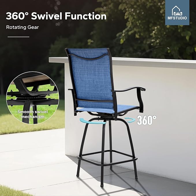 MFSTUDIO 3 Piece Outdoor Swivel Bar Set, Outdoor Bar Table and Chairs Set, Patio High Top Table and Chairs, Tall Bistro Set Patio Bar Height Table with 2 Chairs, Navy Blue
