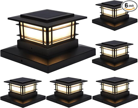 Dynaming 6 Pack Solar Post Cap Lights Outdoor, Fence Post Solar Lights Fit for 4x4 5x5 6x6 Vinyl/Wooden Posts, High Brightness Warm White SMD LED Lighting Decor for Garden Deck Patio