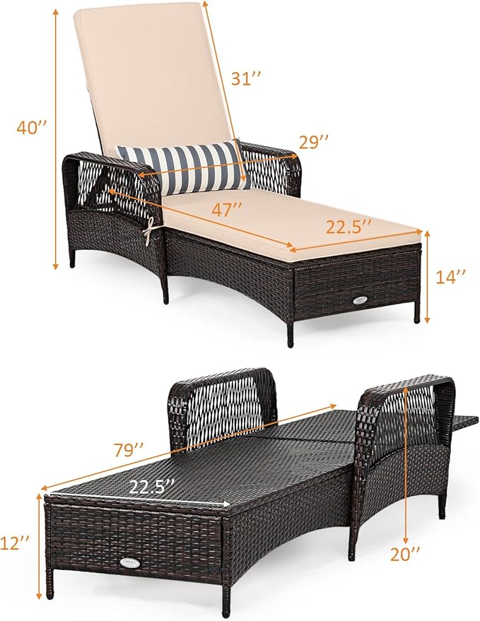 COSTWAY PE Rattan Chaise Lounge Chair, 6 Gear Adjustable Recliner with Armrest & Pillow, Wicker Outdoor Furniture for Deck, Patio (1, Beige)
